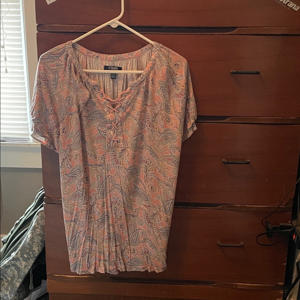 Chaps Pink Paisley Lace-Up V-Neck Tunic Top